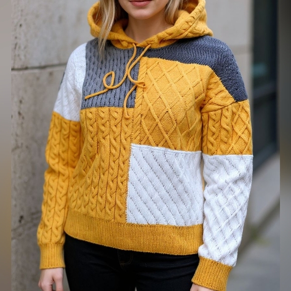POL Colorblock Mixed Cable Knit Hoodie Sweater - Picture 1 of 7